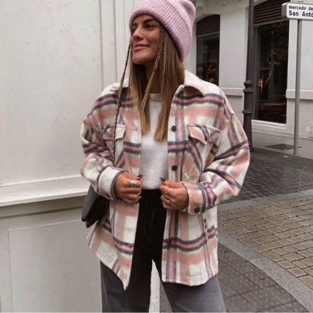 Zara Pastel Plaid Utility Jacket Shacket Oversized Size S - Picture 4 of 12
